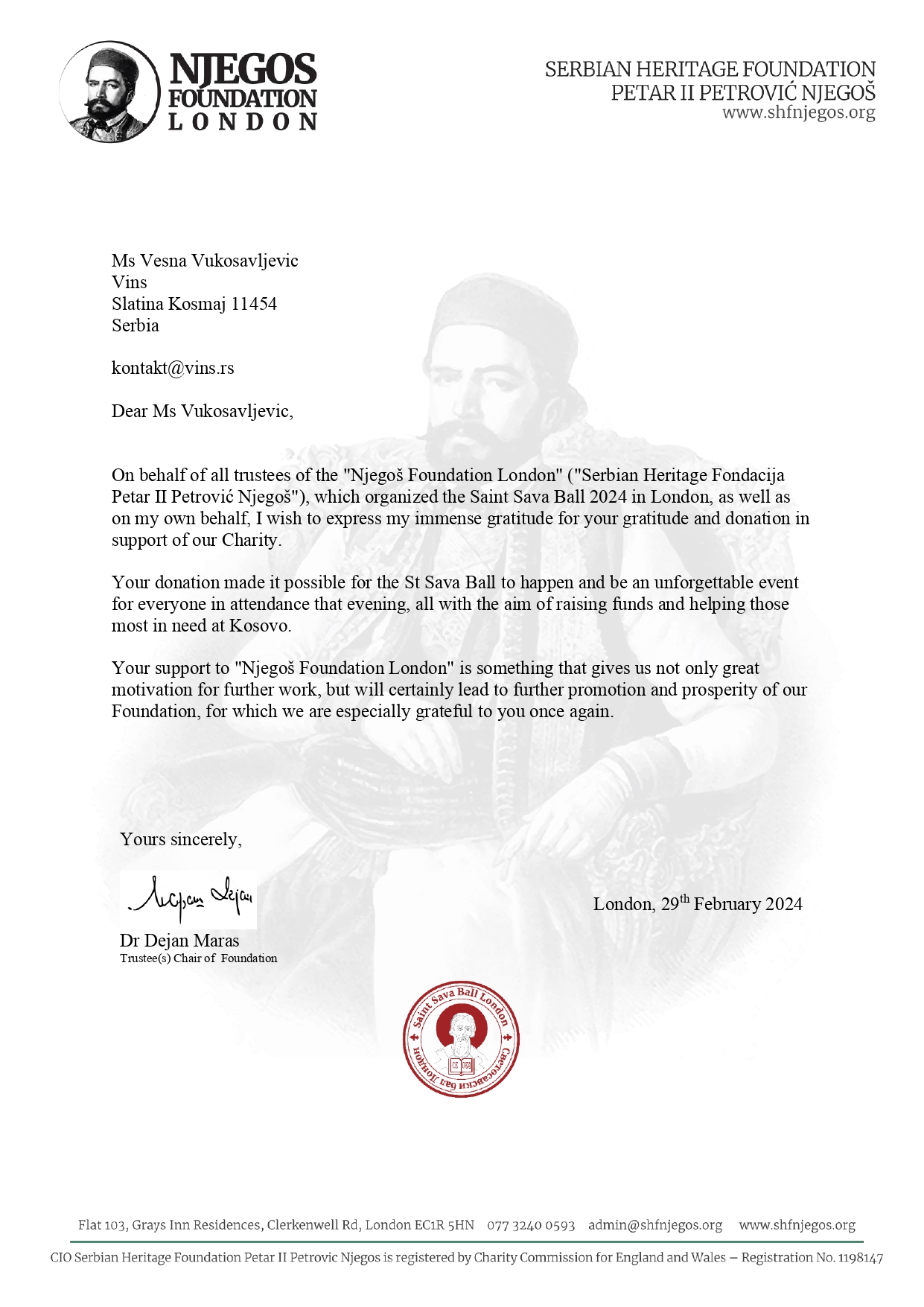 Letter of appreciation for VINS at Svetosavski Ball in London